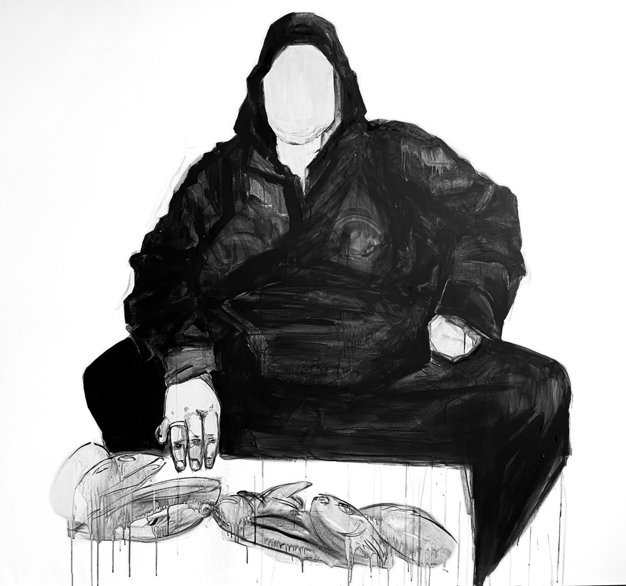 Fish seller, 2023,charcoal and acrylic on canvas, 160x140 cm