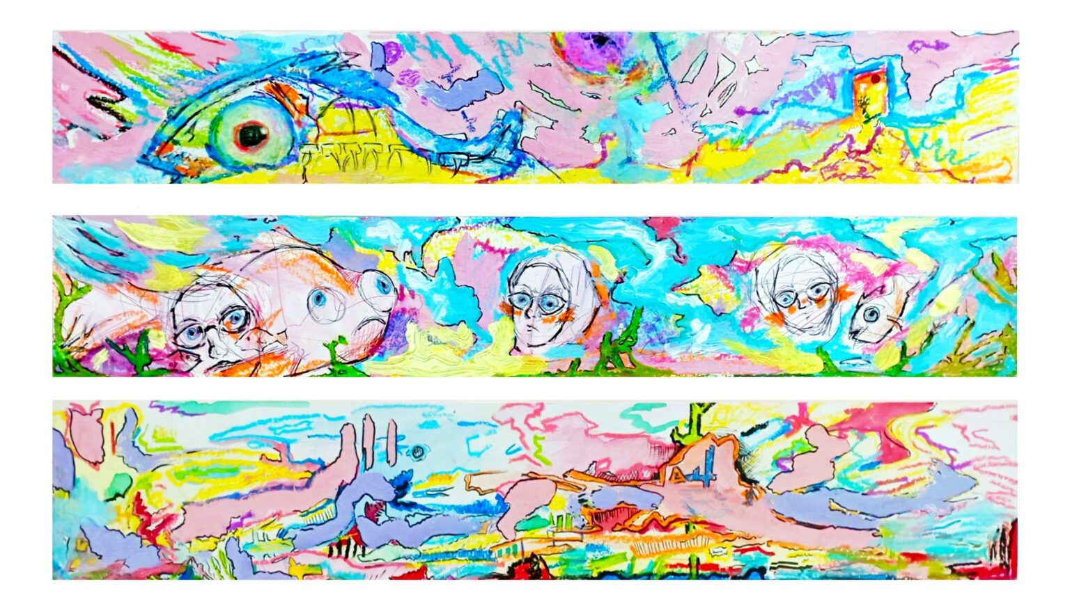 “A World of Fish Zombies” 2024 Mixed Media (Acrylic, Gouache, Oil Pastel, Ink) on Paper 50 cm x 70 cm