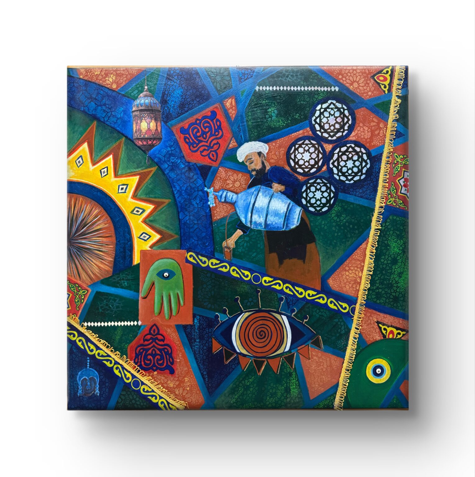 "تاجر الحنه 2025 Mixed media on canvas 1x1 meter"